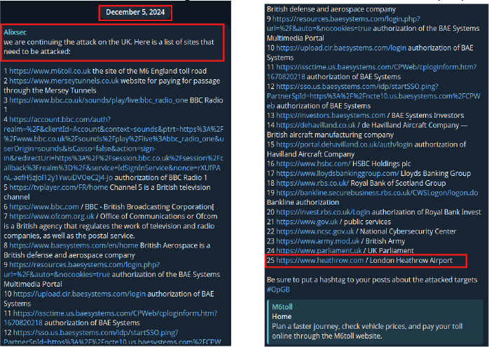 Alixsec published threats against UK aviation infrastructure on Telegram in December 2024