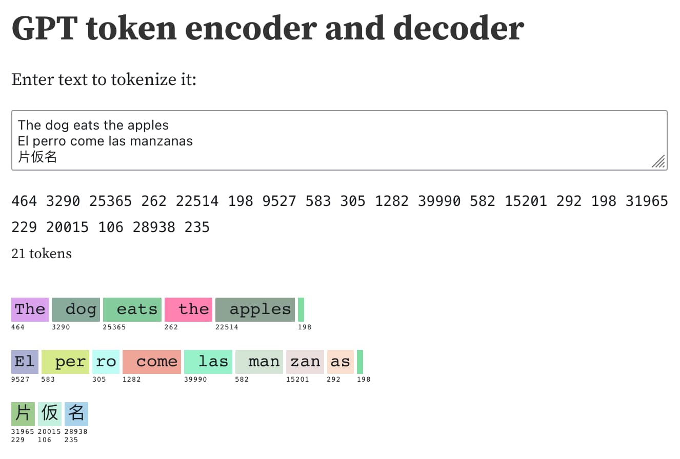Tokeniser comparison showing how the same text encodes differently across English, Spanish and Japanese - each coloured block is one token