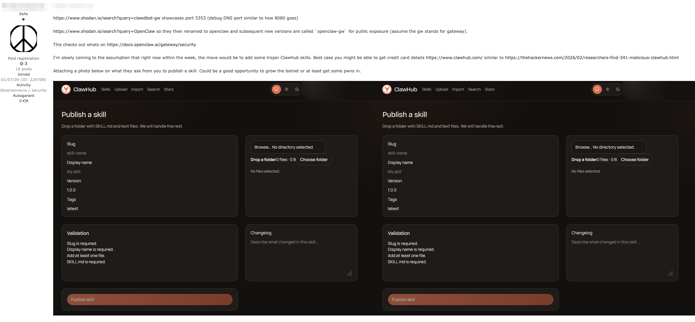 Discussion on the Exploit.in underground forum regarding malicious OpenClaw skills